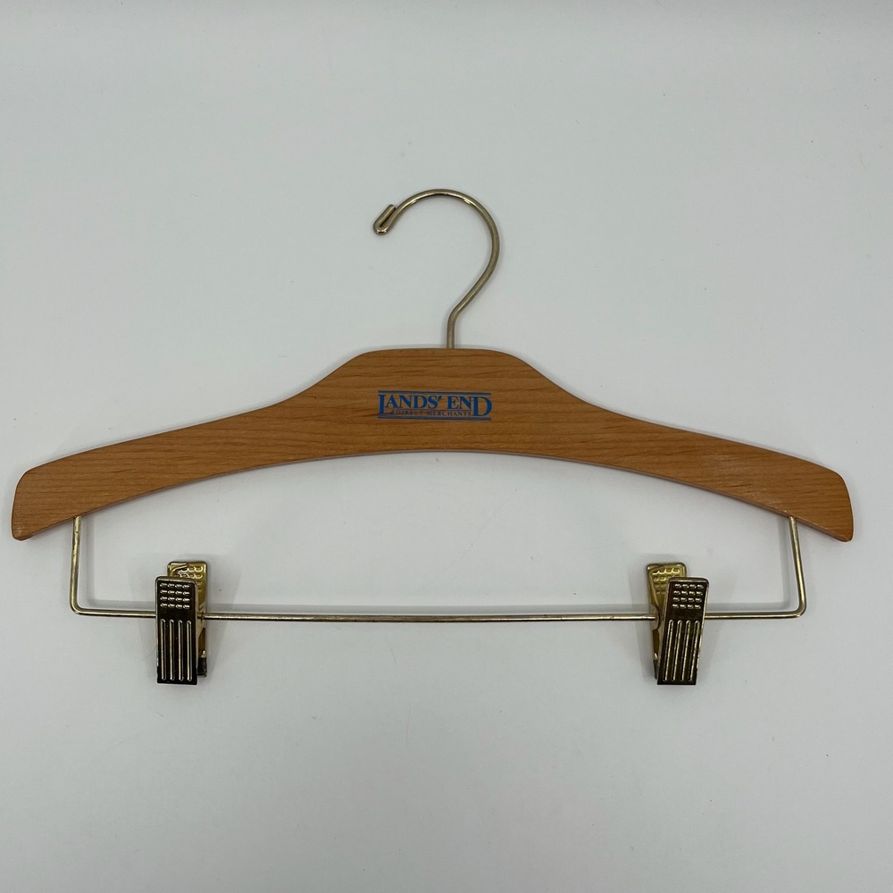 Vintage Lands End Wooden Skirt Pants Hanger Gold Swivel Hook Clip 14 Inch Wood
